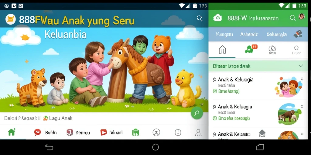 Tampilan antarmuka aplikasi 888FW dengan pilihan lagu anak yang berwarna-warni.